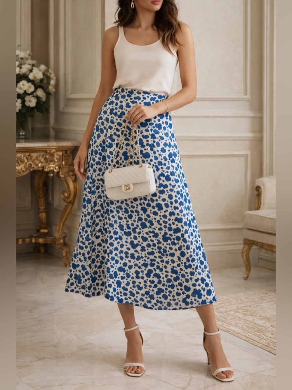 Reformation Bea Skirt NWT Size 6 Blue White Abstract Print Midi A Line